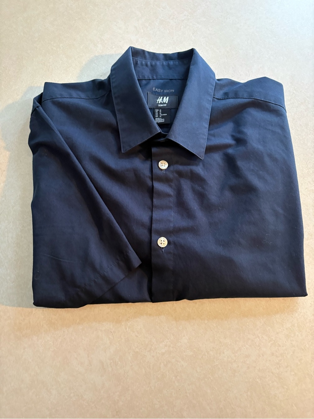H&M Men's Dark Blue Easy-Iron Button-Down Short Sleeve Dress Shirt